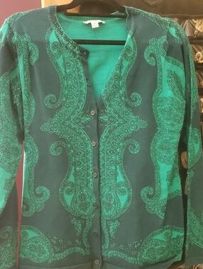 Isaac Mizrahi Green Paisley Cardigan Sweater